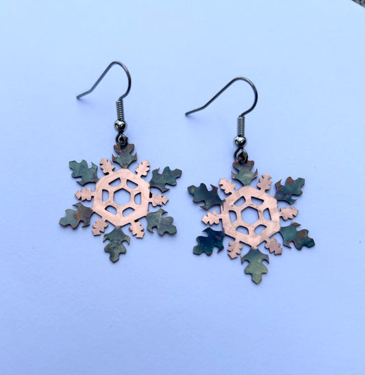 Fire Painted Small Snowflake Earrings