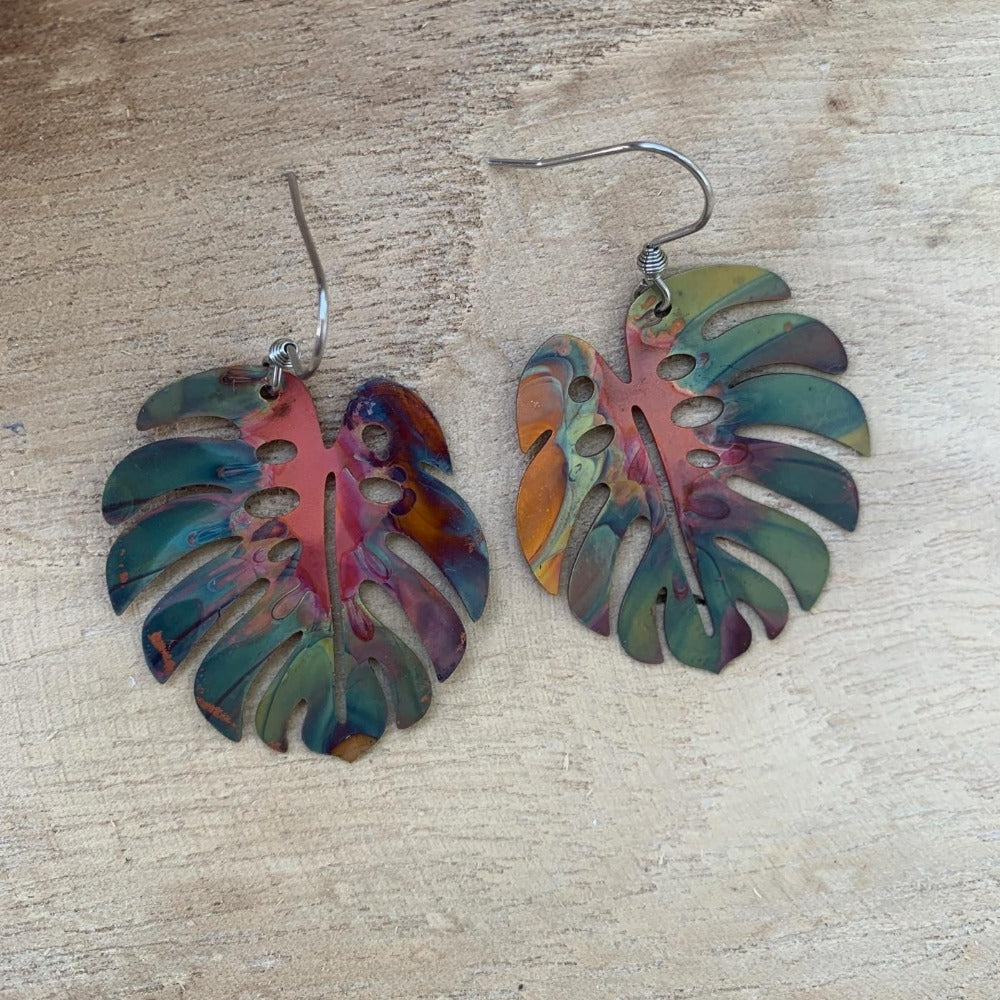 Monstera Leaf Copper Earrings