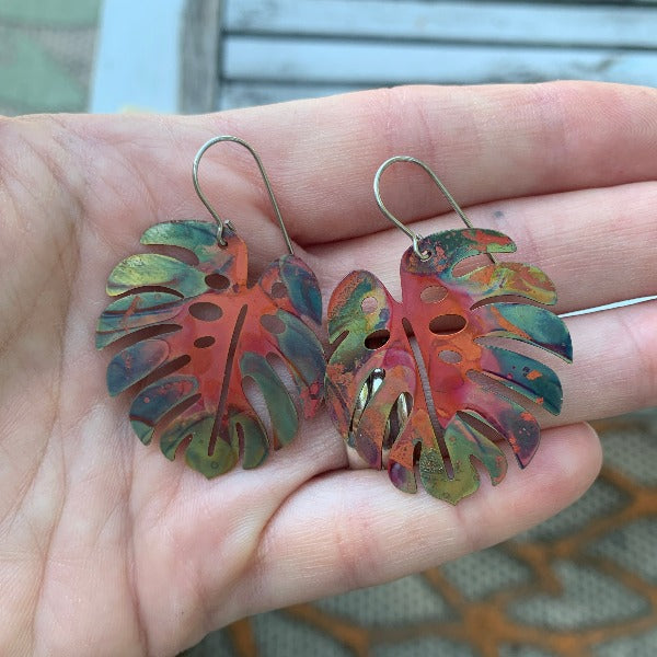 Monstera Leaf Copper Earrings