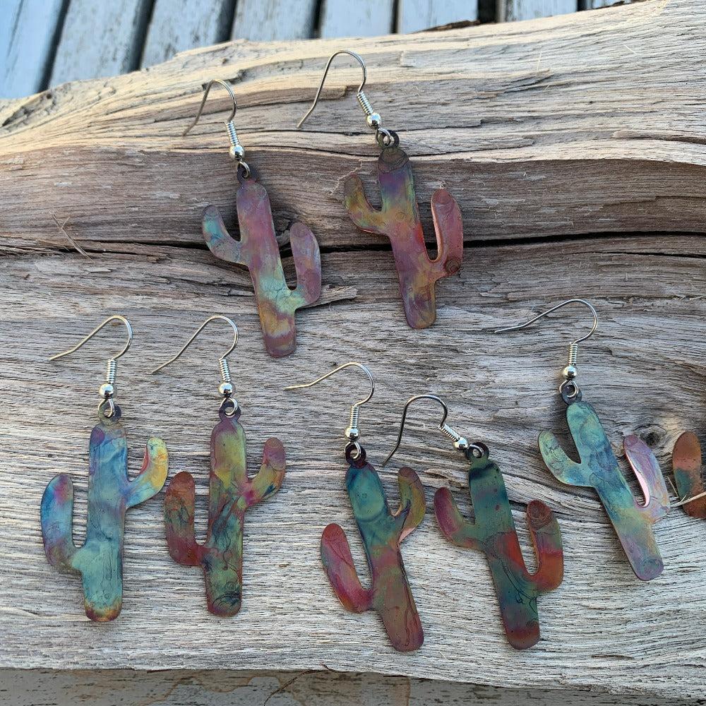 Fire Painted Copper Cactus Earrings