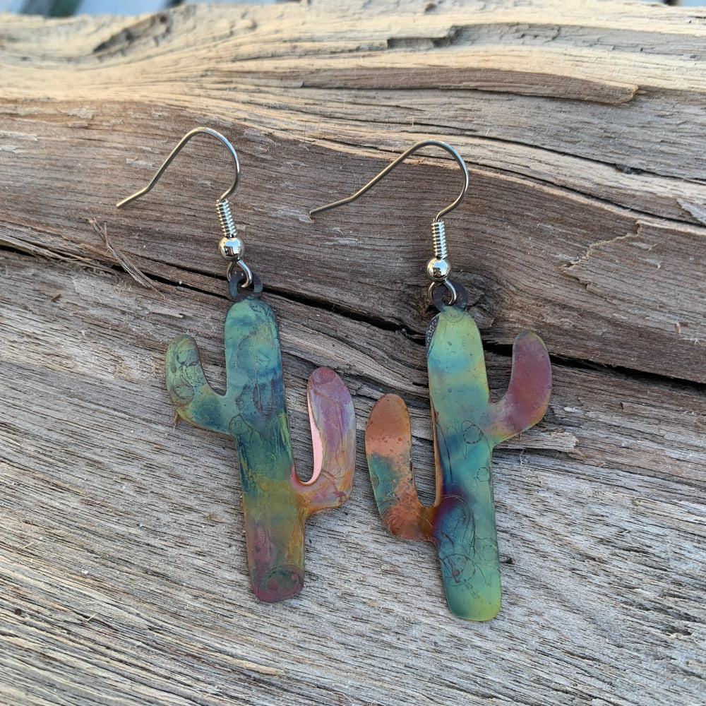 Fire Painted Copper Cactus Earrings