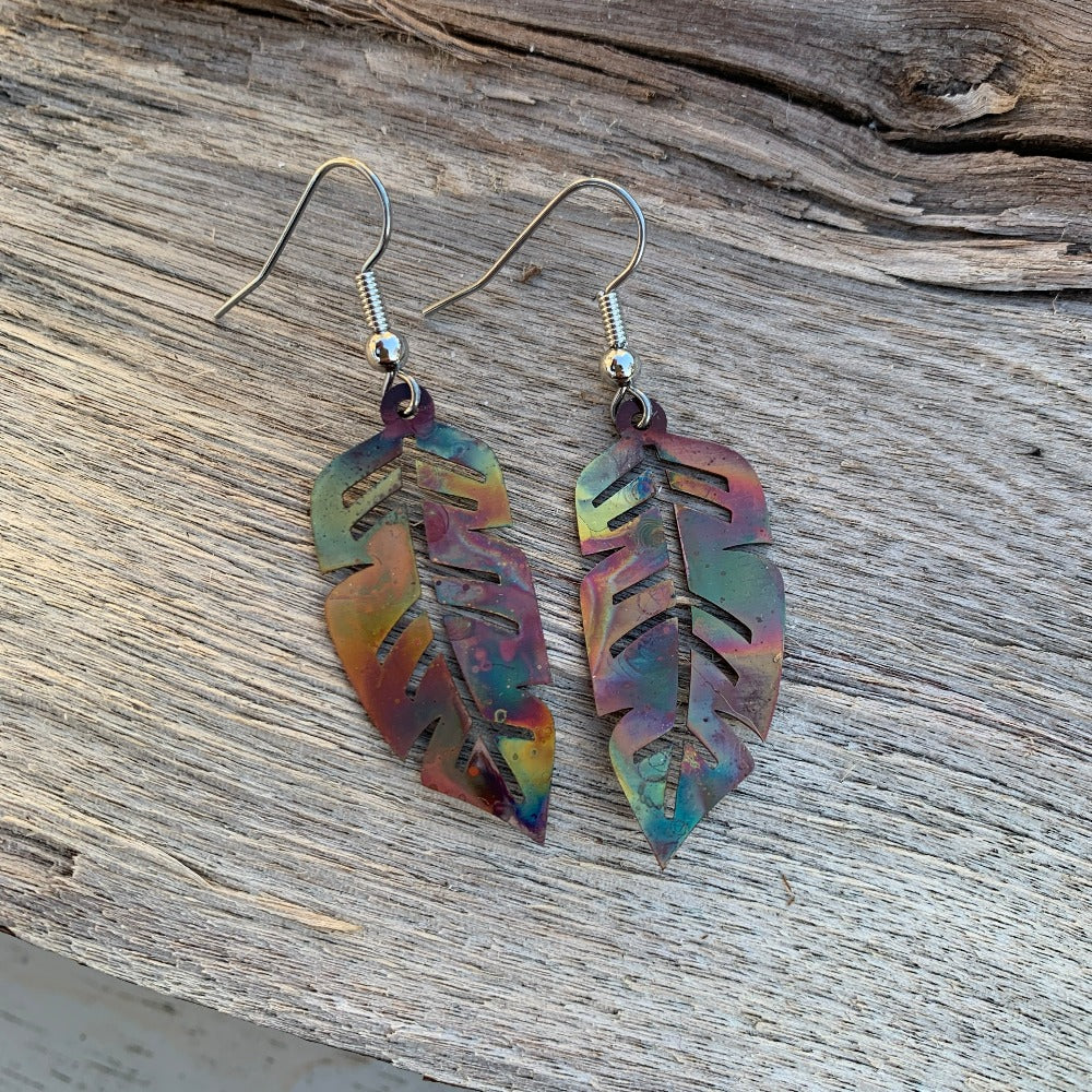Fire Painted Copper Feather Earrings