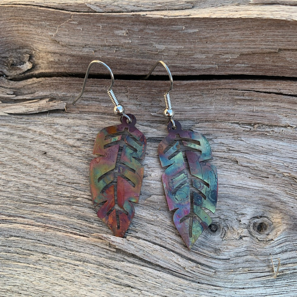 Fire Painted Copper Feather Earrings