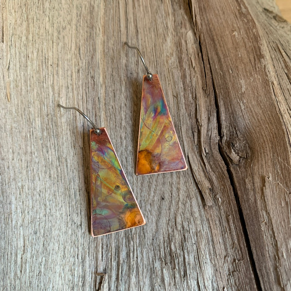 Copper Small Triangle Flower Earrings